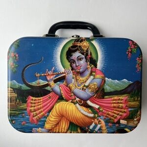 Vintage 90s Metal Lunch, Makeup BOX Hindu Goddess Lakshmi, Krishna 10x7x3"